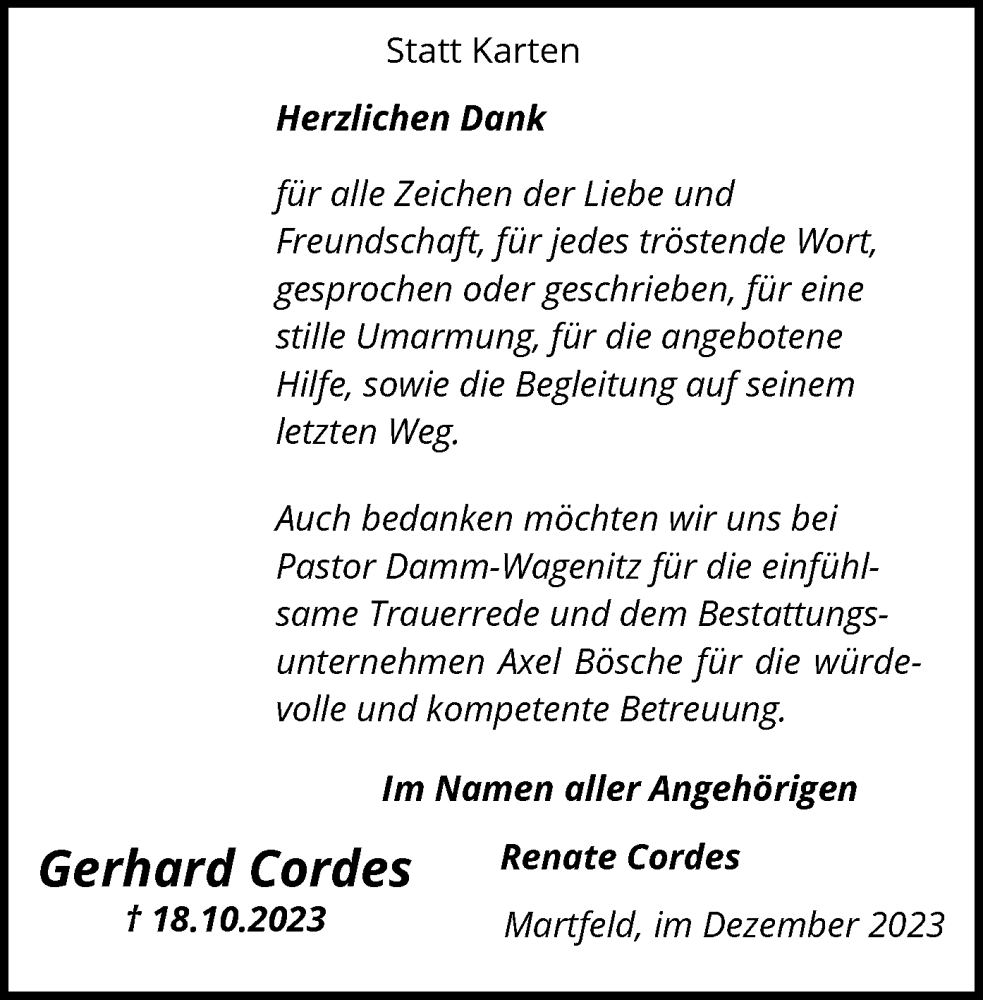 Traueranzeigen Von Gerhard Cordes Trauer Kreiszeitung De