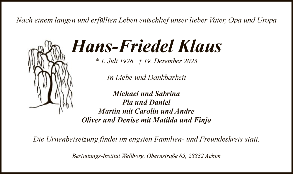 Traueranzeigen Von Hans Friedel Klaus Trauer Kreiszeitung De