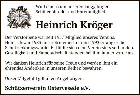 Traueranzeige von Heinrich Kröger von SYK