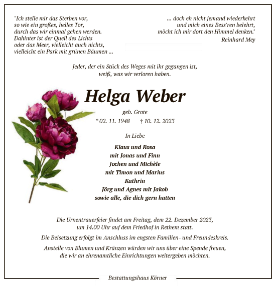 Traueranzeigen Von Helga Weber Trauer Kreiszeitung De