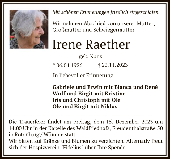 Traueranzeigen Von Irene Raether Trauer Kreiszeitung De