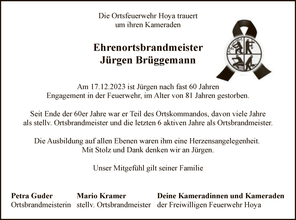 Traueranzeigen von Jürgen Brüggemann trauer kreiszeitung de