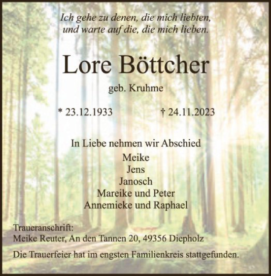 Traueranzeigen Von Lore B Ttcher Trauer Kreiszeitung De