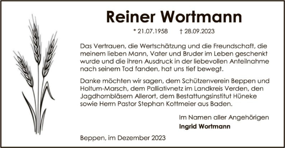 Traueranzeigen Von Reiner Wortmann Trauer Kreiszeitung De