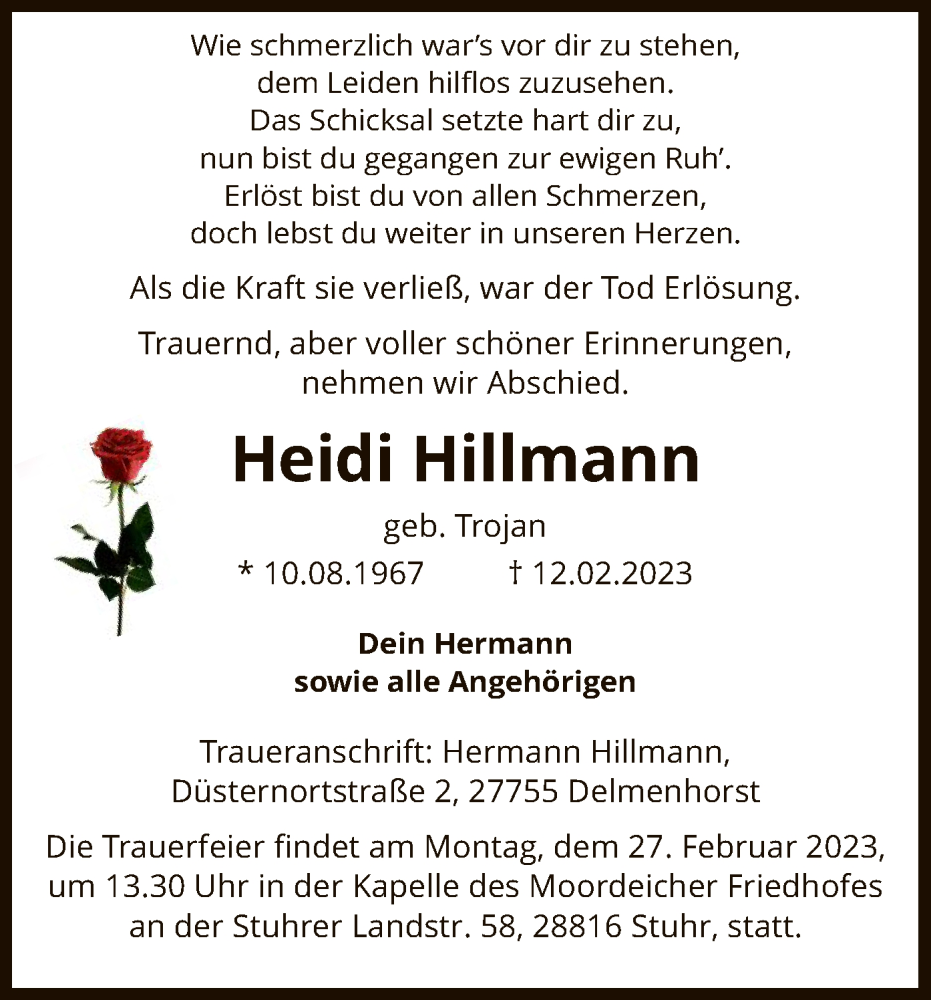 Traueranzeigen Von Heidi Hillmann Trauer Kreiszeitung De