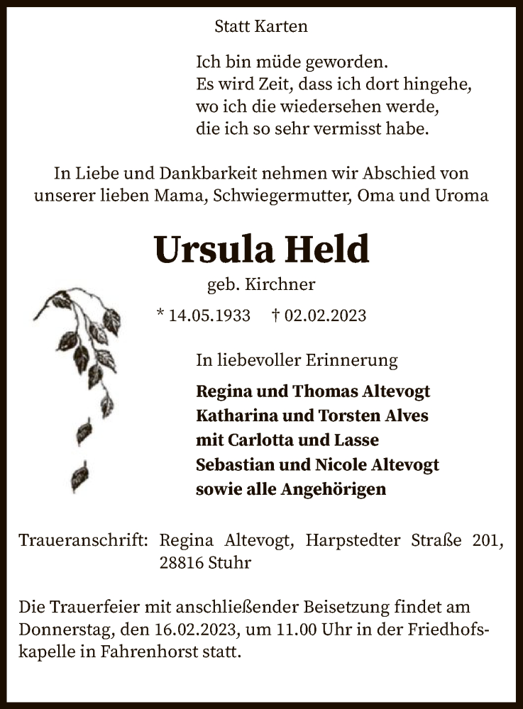 Traueranzeigen Von Ursula Held Trauer Kreiszeitung De