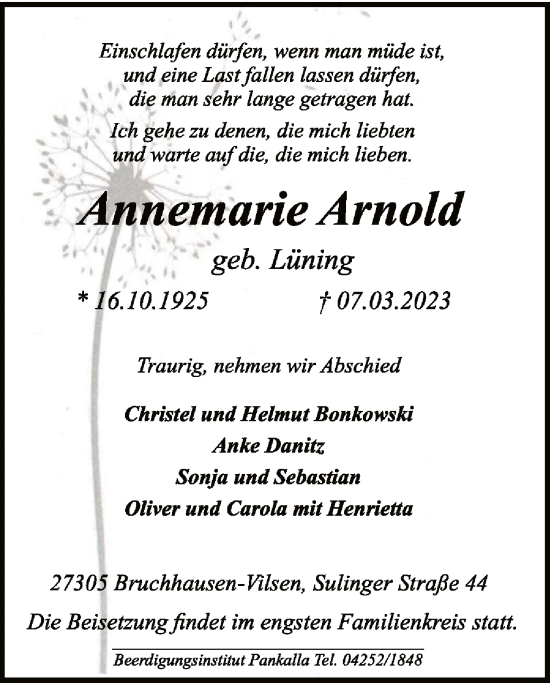 Traueranzeigen Von Annemarie Arnold Trauer Kreiszeitung De