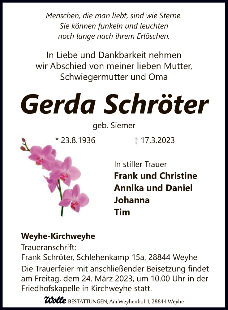 Traueranzeigen Von Gerda Schr Ter Trauer Kreiszeitung De