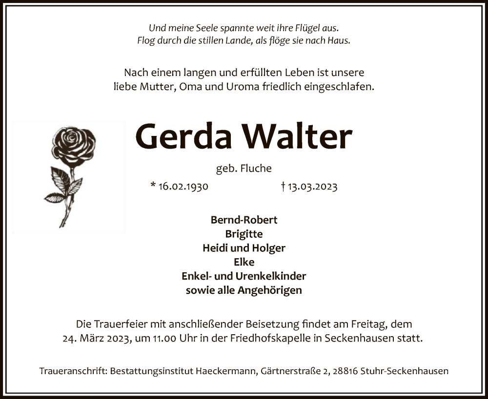 Traueranzeigen Von Gerda Walter Trauer Kreiszeitung De