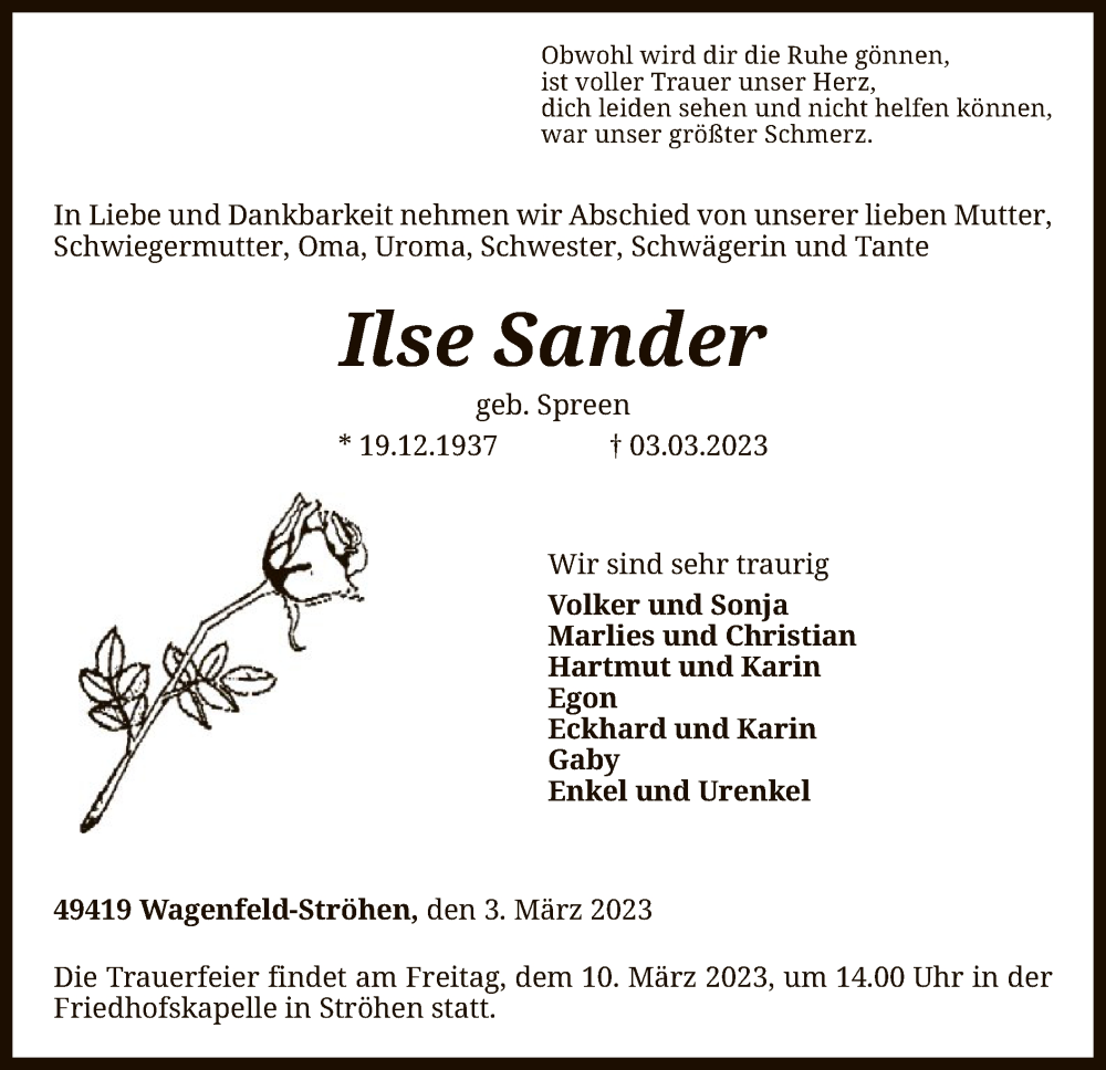 Traueranzeigen Von Ilse Sander Trauer Kreiszeitung De