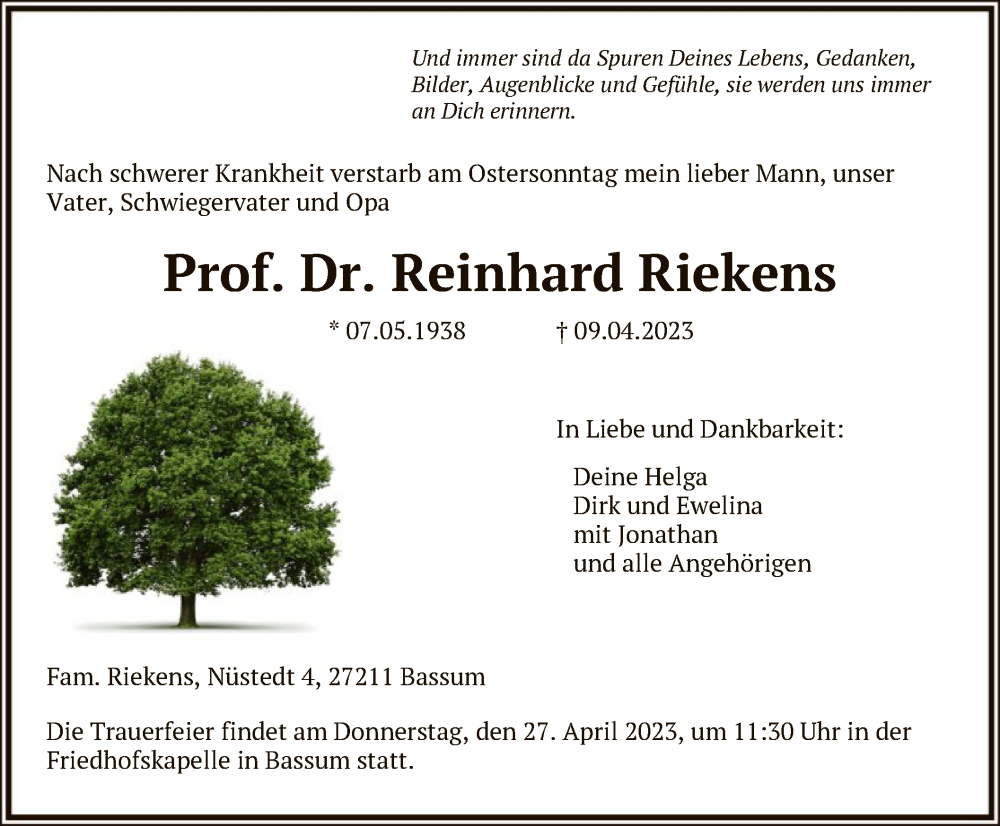 Traueranzeigen Von Reinhard Riekens Trauer Kreiszeitung De