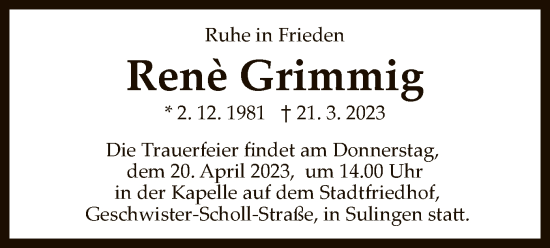 Traueranzeigen Von Rene Grimmig Trauer Kreiszeitung De