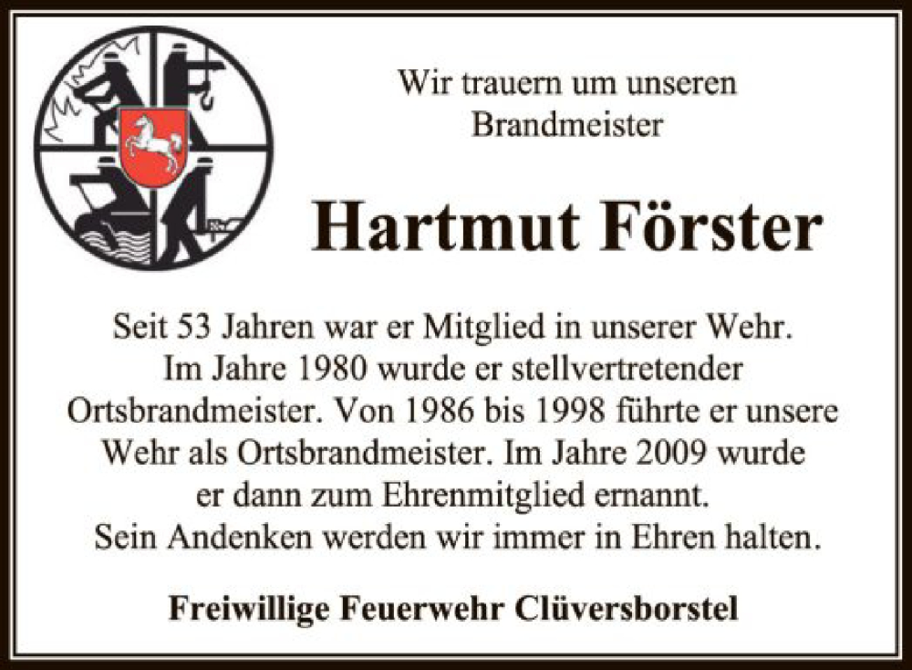 Traueranzeigen Von Hartmut F Rster Trauer Kreiszeitung De