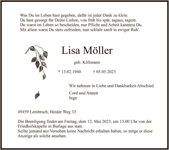 Traueranzeigen von Lisa Möller trauer kreiszeitung de