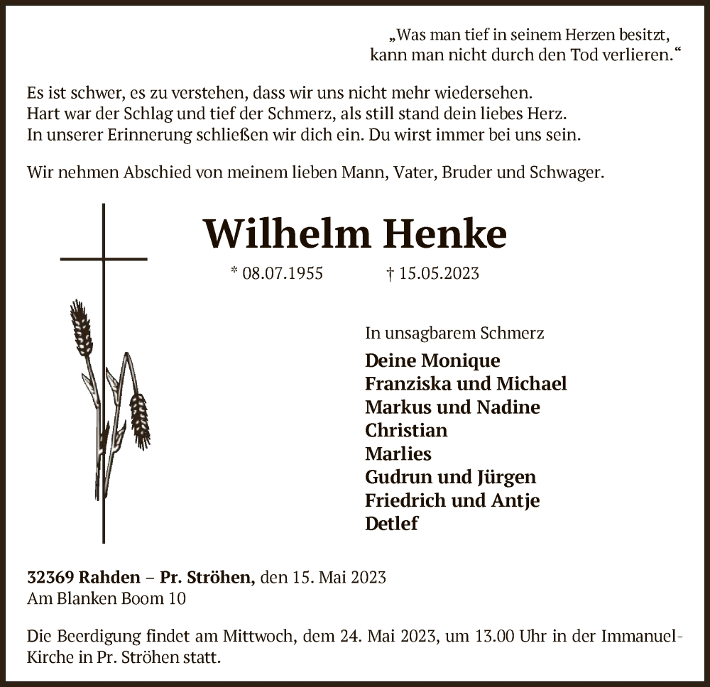 Traueranzeigen Von Wilhelm Henke Trauer Kreiszeitung De