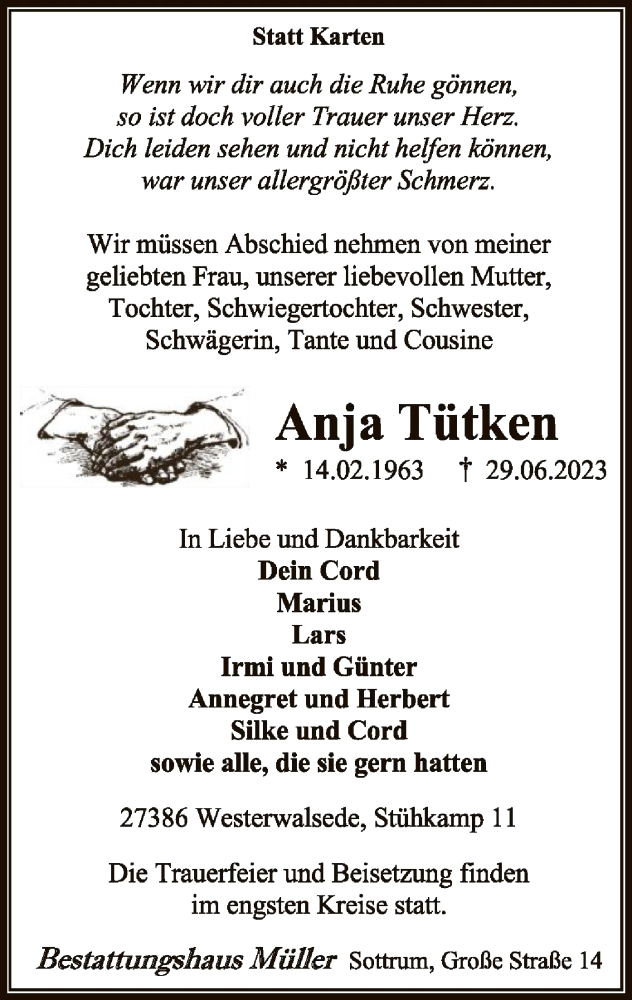 Traueranzeigen von Anja Tütken trauer kreiszeitung de