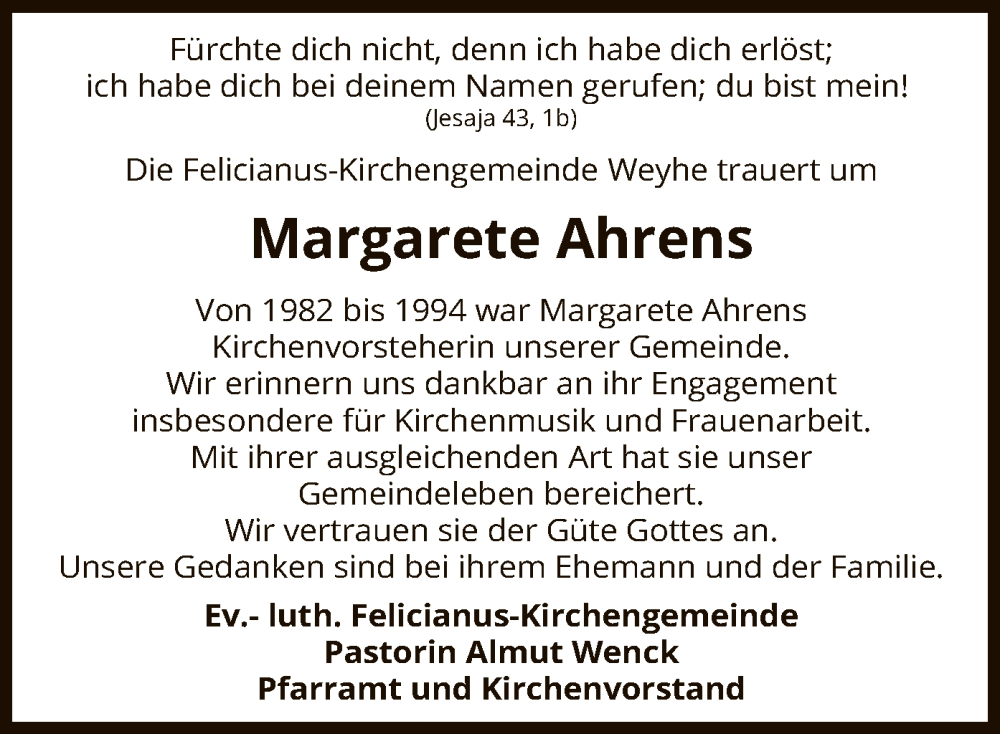 Traueranzeigen Von Margarete Ahrens Trauer Kreiszeitung De