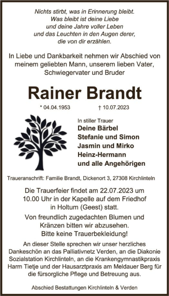 Traueranzeigen Von Rainer Brandt Trauer Kreiszeitung De