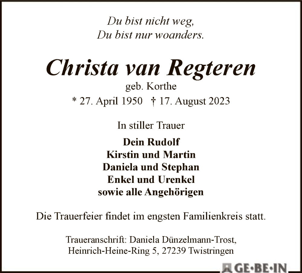 Traueranzeigen Von Christa Van Regteren Trauer Kreiszeitung De