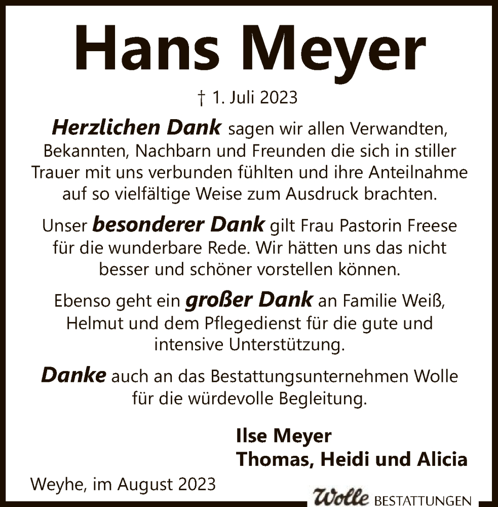 Traueranzeigen Von Hans Meyer Trauer Kreiszeitung De