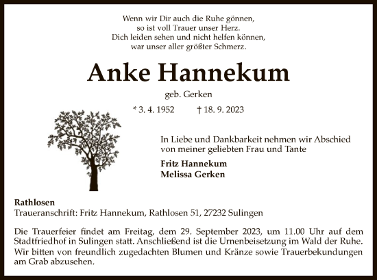 Traueranzeigen Von Anke Hannekum Trauer Kreiszeitung De