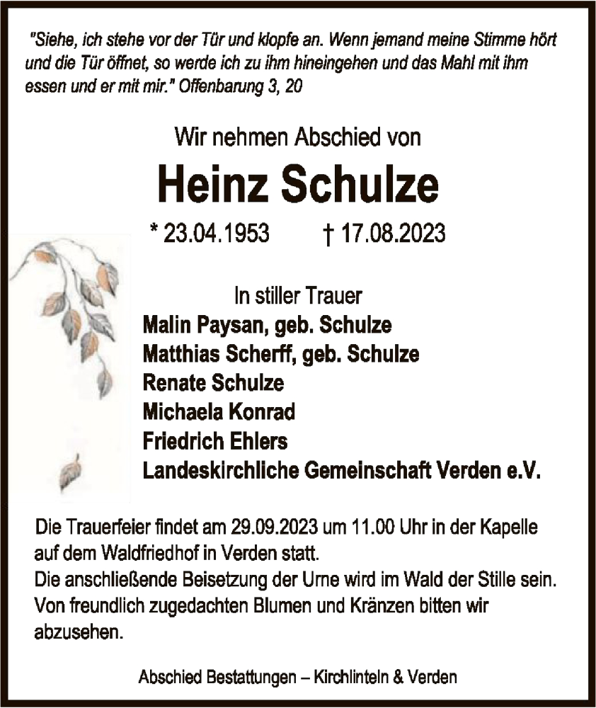 Traueranzeigen Von Heinz Schulze Trauer Kreiszeitung De