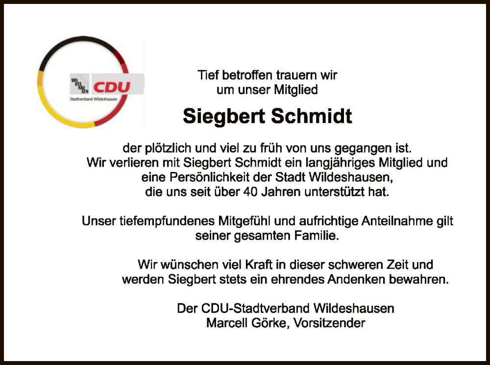 Traueranzeigen Von Siegbert Schmidt Trauer Kreiszeitung De