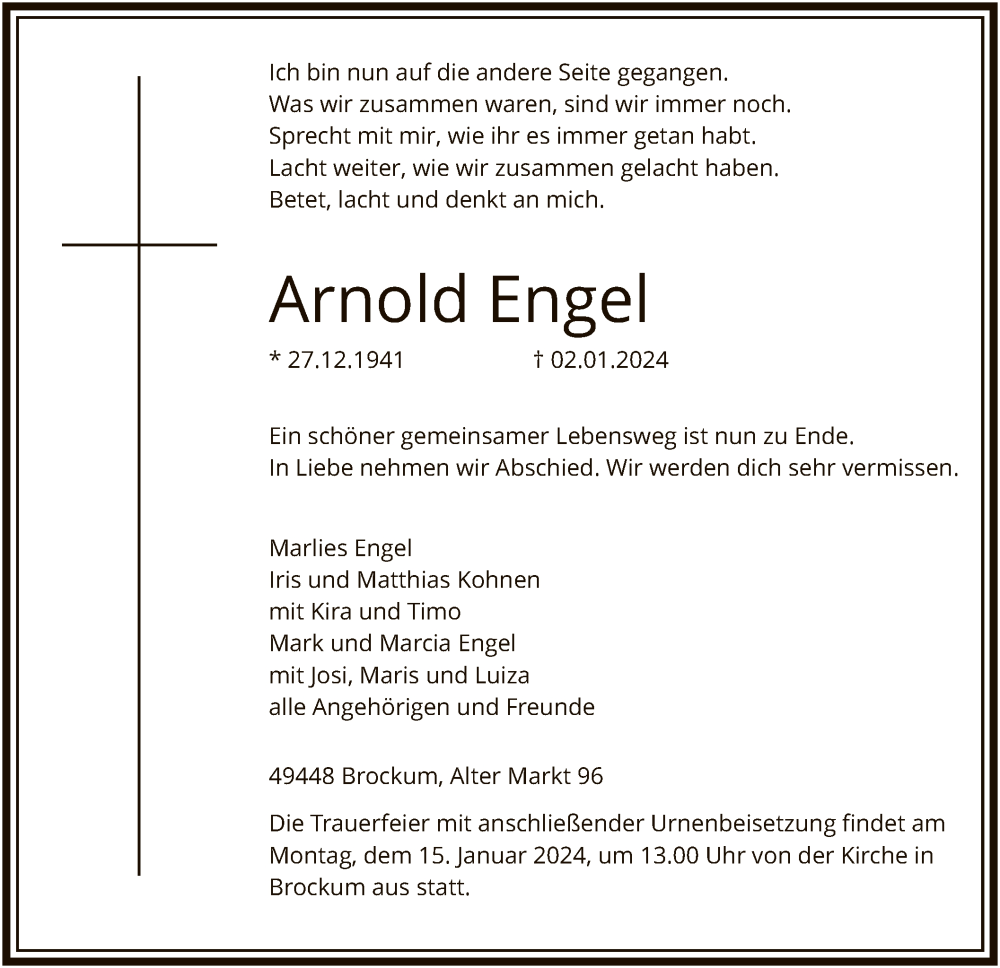 Traueranzeigen Von Arnold Engel Trauer Kreiszeitung De