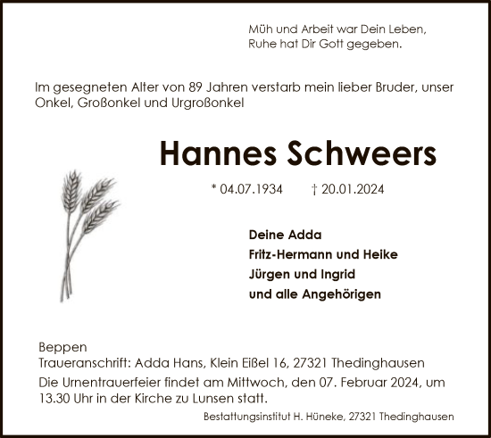 Traueranzeigen Von Hannes Schweers Trauer Kreiszeitung De