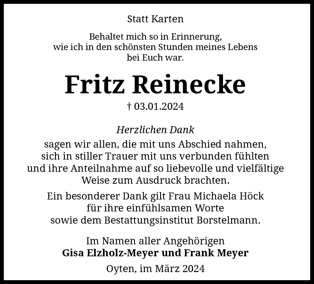 Traueranzeigen Von Fritz Reinecke Trauer Kreiszeitung De