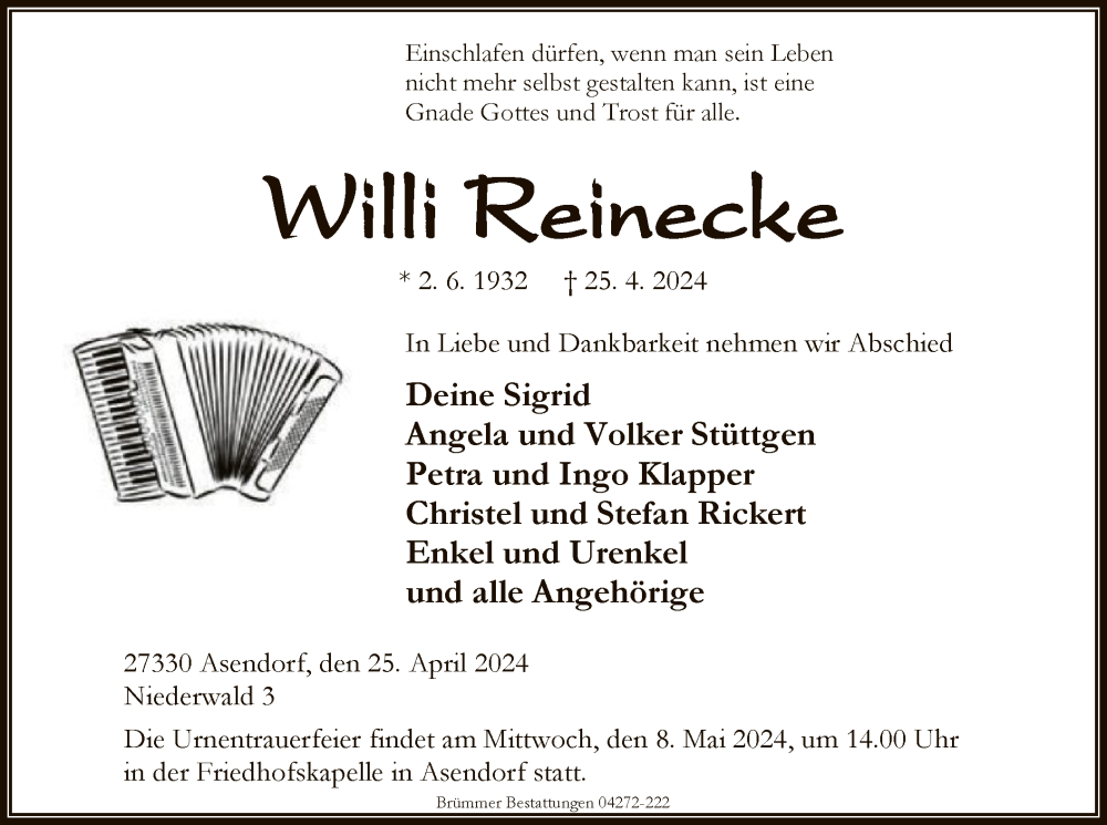 Traueranzeigen Von Willi Reinecke Trauer Kreiszeitung De