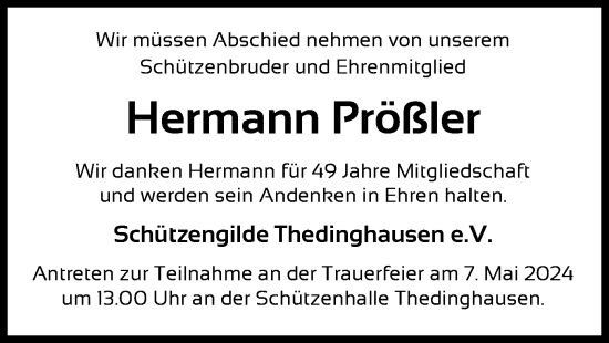 Traueranzeige von Hermann Prößler von SYK