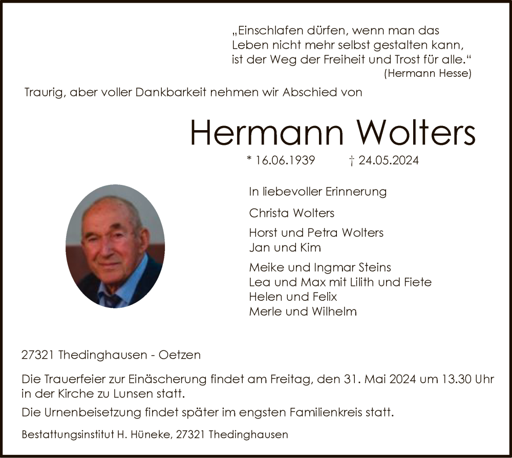 Traueranzeigen Von Hermann Wolters Trauer Kreiszeitung De