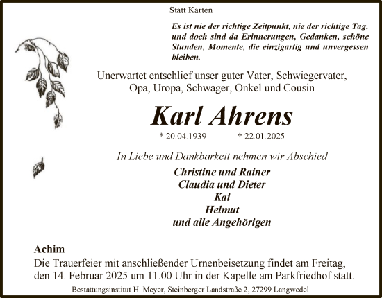 Traueranzeigen Von Karl Ahrens Trauer Kreiszeitung De