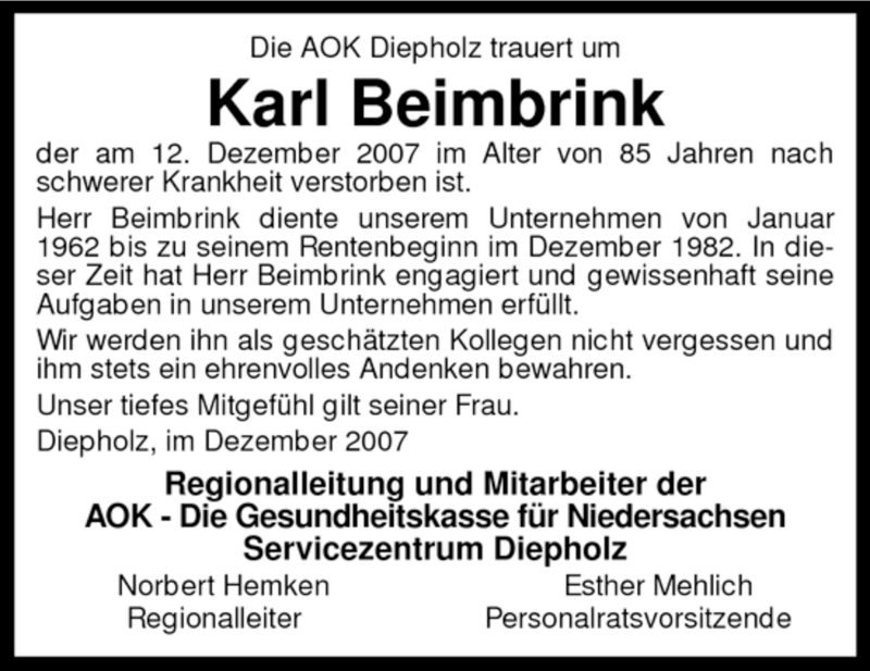  Traueranzeige für Karl Beimbrink vom 14.12.2007 aus KREISZEITUNG SYKE