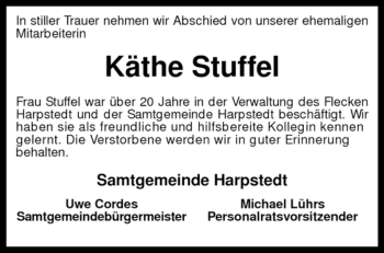 Traueranzeige von Käthe Stuffel von KREISZEITUNG SYKE