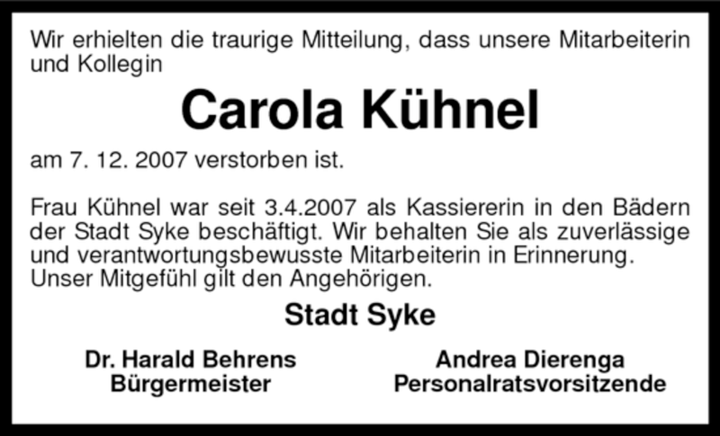  Traueranzeige für Carola Kühnel vom 11.12.2007 aus KREISZEITUNG SYKE