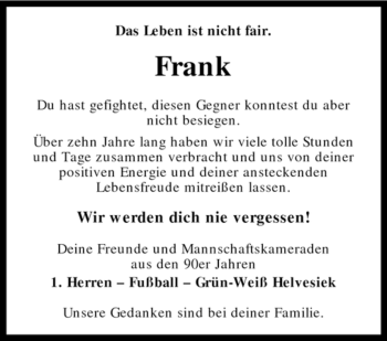 Traueranzeige von Frank Wahlers von KREISZEITUNG SYKE