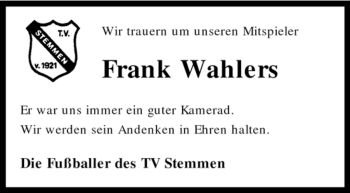 Traueranzeige von Frank Wahlers von KREISZEITUNG SYKE