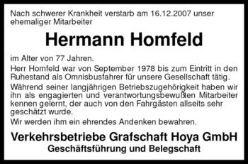 Traueranzeige von Hermann Homfeld von KREISZEITUNG SYKE