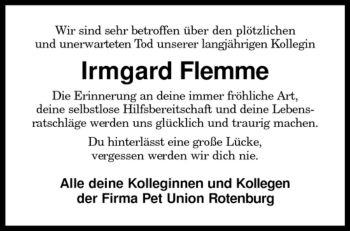 Traueranzeige von Irmgard Flemme von KREISZEITUNG SYKE