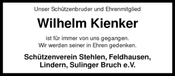 Traueranzeige von Wilhelm Kienker von KREISZEITUNG SYKE