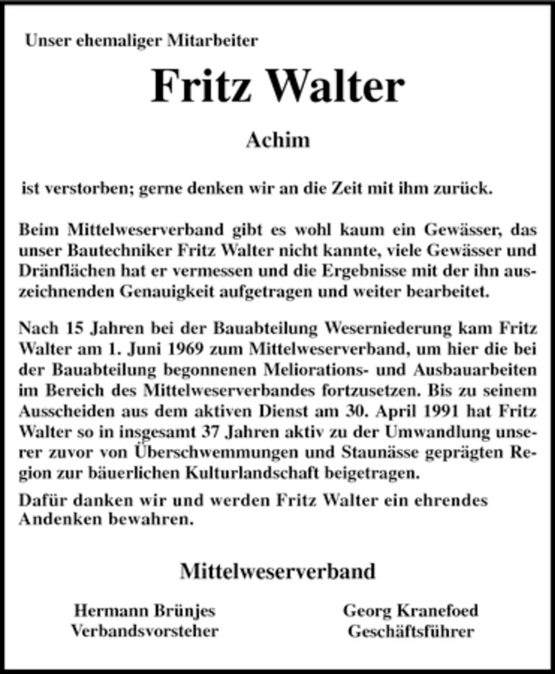  Traueranzeige für Fritz Walter vom 17.12.2007 aus KREISZEITUNG SYKE
