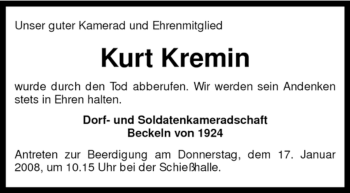 Traueranzeige von Kurt Kremin von KREISZEITUNG SYKE