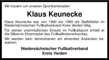 Traueranzeige von Klaus Keunecke von KREISZEITUNG SYKE