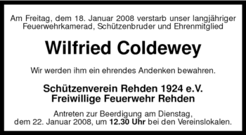 Traueranzeige von Wilfried Coldewey von KREISZEITUNG SYKE