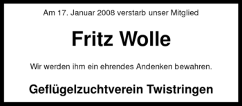 Traueranzeige von Fritz Wolle von KREISZEITUNG SYKE