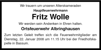 Traueranzeige von Fritz Wolle von KREISZEITUNG SYKE