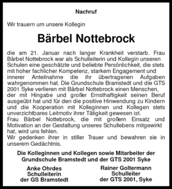 Traueranzeige von Bärbel Nottebrock von KREISZEITUNG SYKE