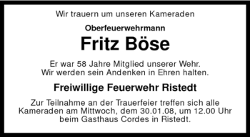 Traueranzeige von Fritz Böse von KREISZEITUNG SYKE